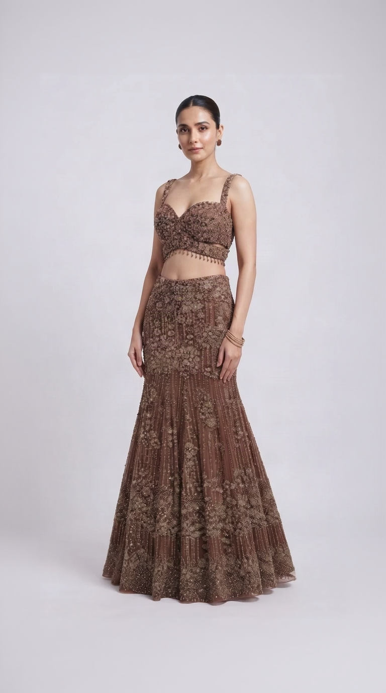 Brown embroidered fish cut sangeet lehenga set with sequin and stone embellishments