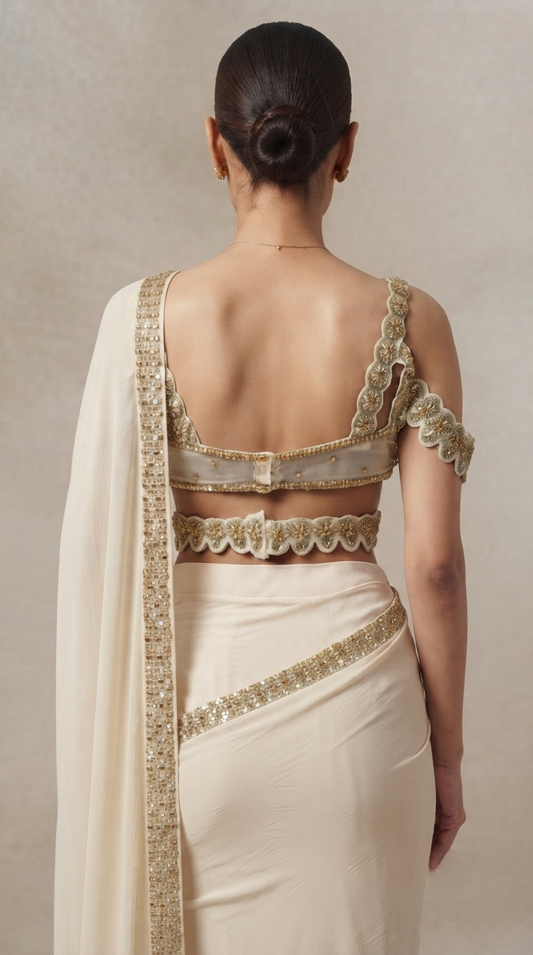 Off-white ready-to-wear saree with intricate Kundan work for festive and wedding celebrations