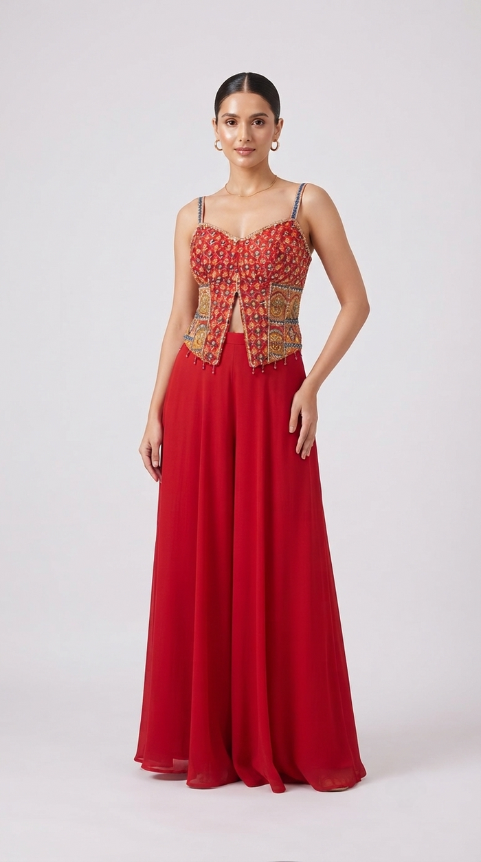 RED EMBROIDERED GEORGETTE INDOWESTERN SET