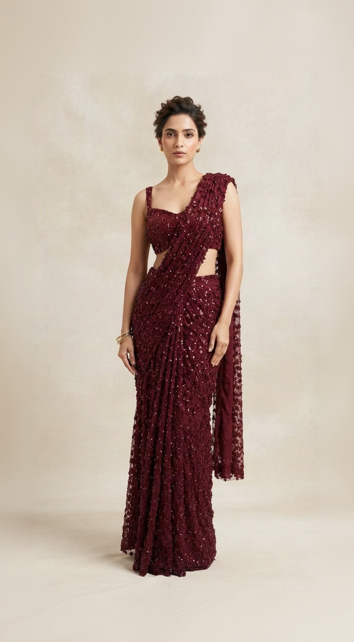 Red sequin embroidered cocktail pre-draped saree set with blouse
