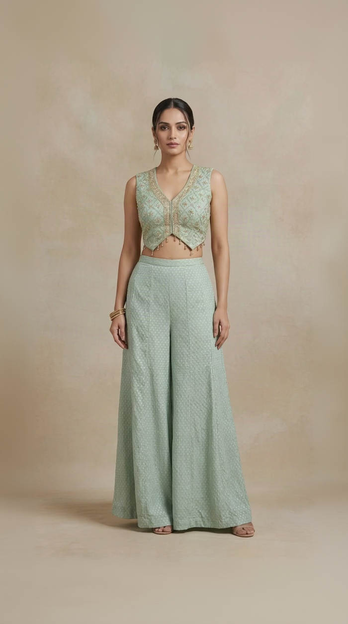 BLUE TISSUE SILK EMBROIDERED SHARARA SET