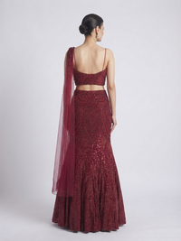 Maroon designer sangeet lehenga with sequins embroidery and attached dupatta