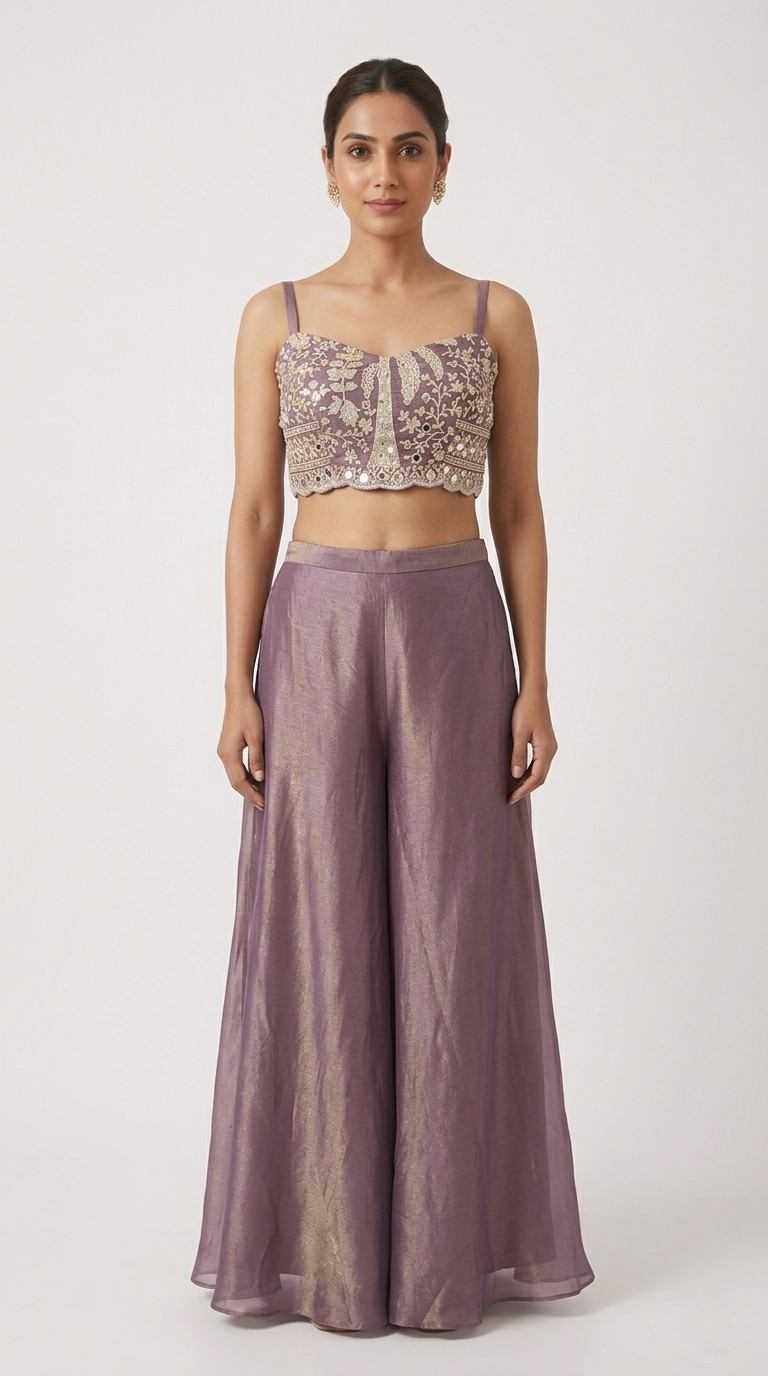 PURPLE EMBROIDERED TISSUE SILK SHARARA SET WITH JACKET
