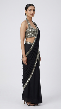 Black mirror work pre-draped saree with halter neck blouse for cocktail parties, evening events and celebrations