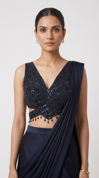 Blue silk ready-to-wear saree with cutdana, beads and sequin embroidery