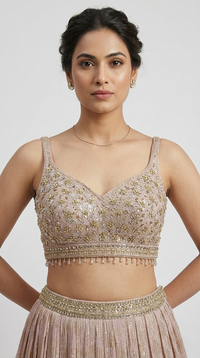 Pink sequins georgette lehenga with embroidered blouse and dupatta