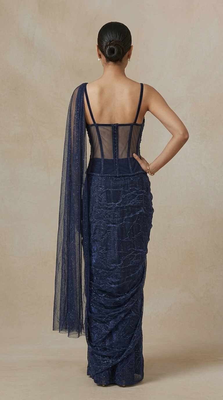 Blue pleated skirt with sculpted corset outfit for sangeet