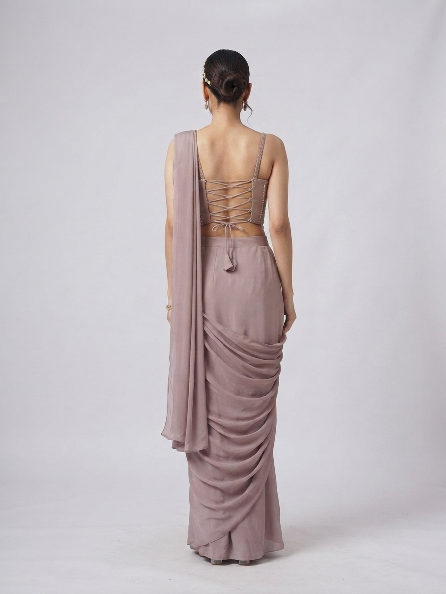 Designer pink ready-to-wear corset saree set with sequin and bead embroidery for festive wear
