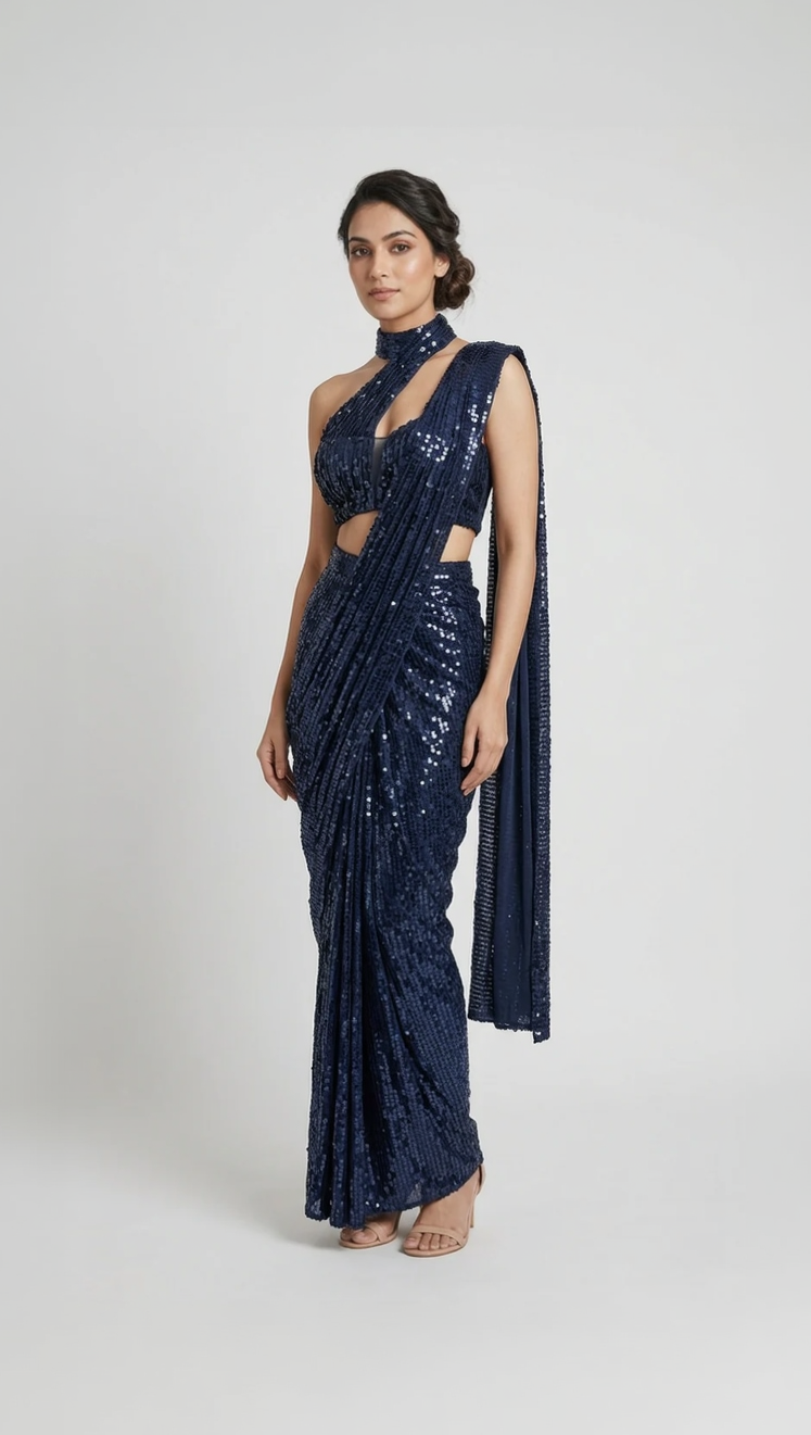 DESIGNER BLUE SHIMMER PRE-STITCHED SAREE