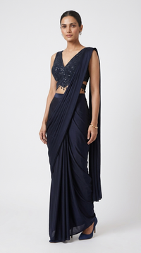 Navy blue embroidered ready-to-wear saree with embellished blouse