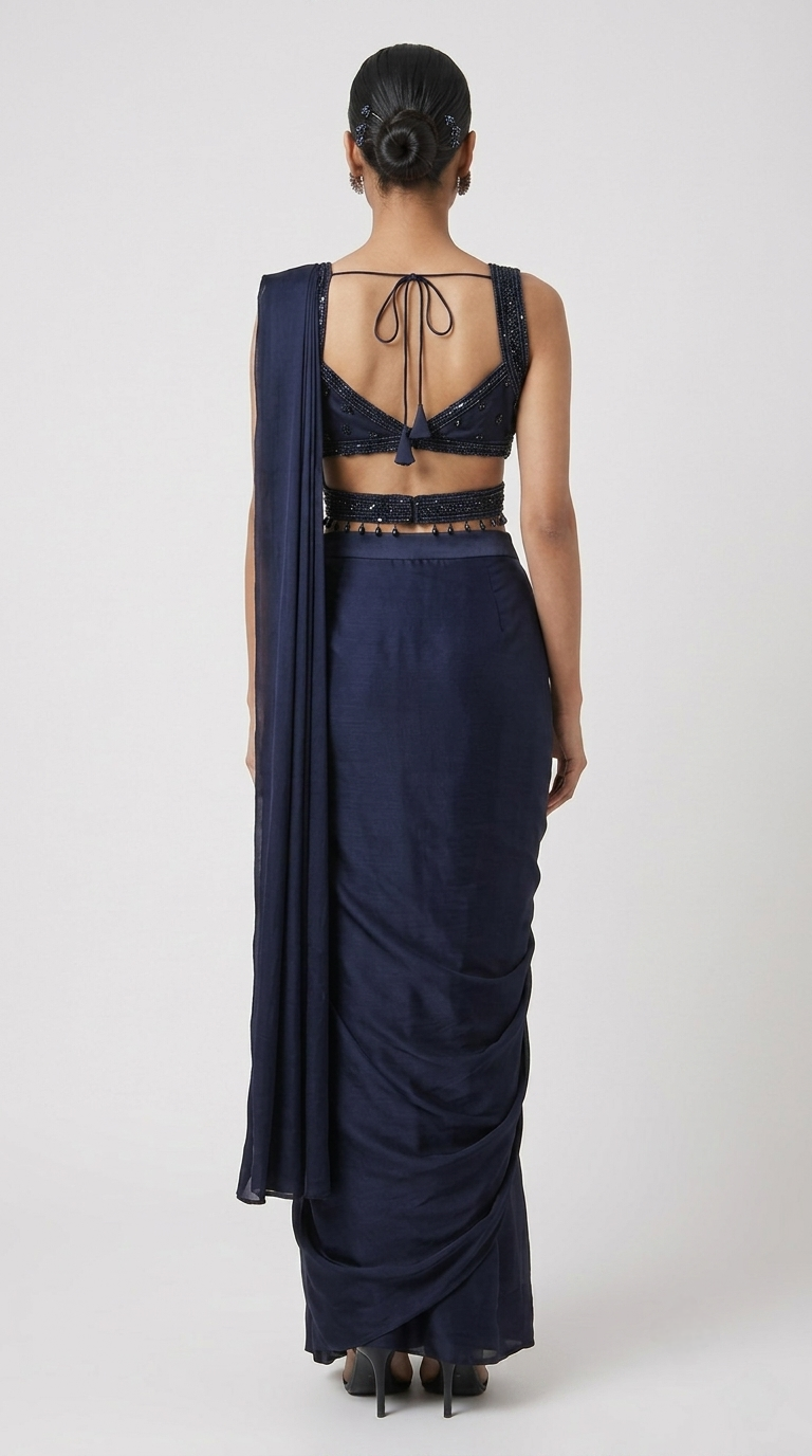 Blue embroidered ready-to-wear saree and blouse set for festive occasions