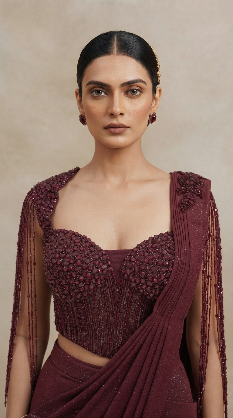 Elegant wine ready-to-wear saree with crystal, beads and cutdana work for weddings, receptions and festive celebrations