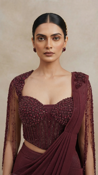 Elegant wine ready-to-wear saree with crystal, beads and cutdana work for weddings, receptions and festive celebrations