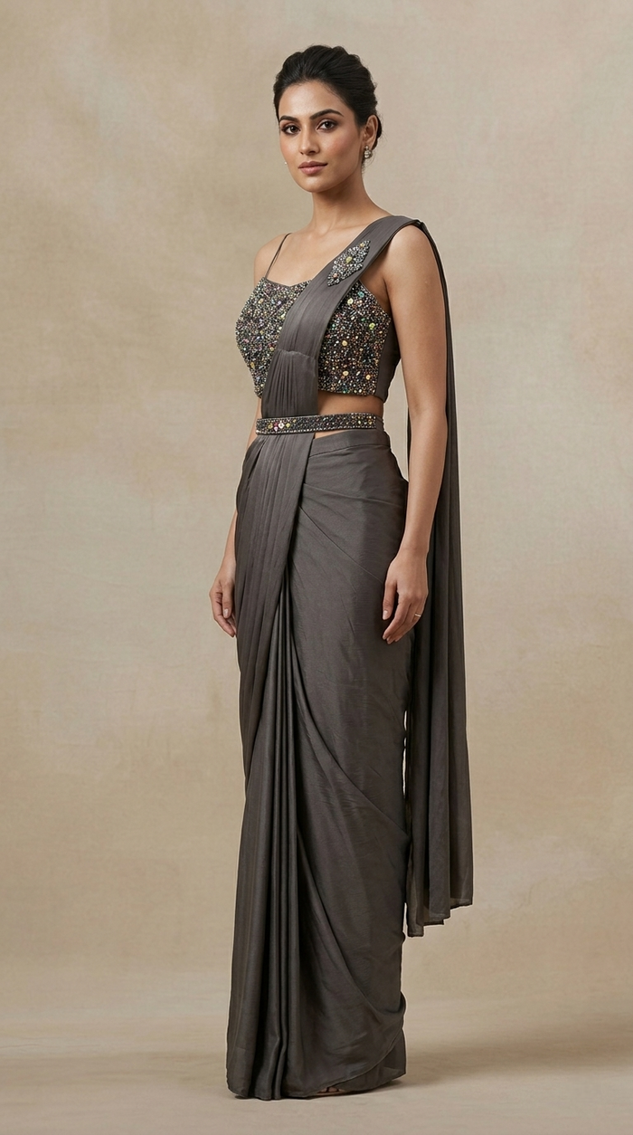Grey embellished ready to wear saree with intricate gem, sequin and bead work