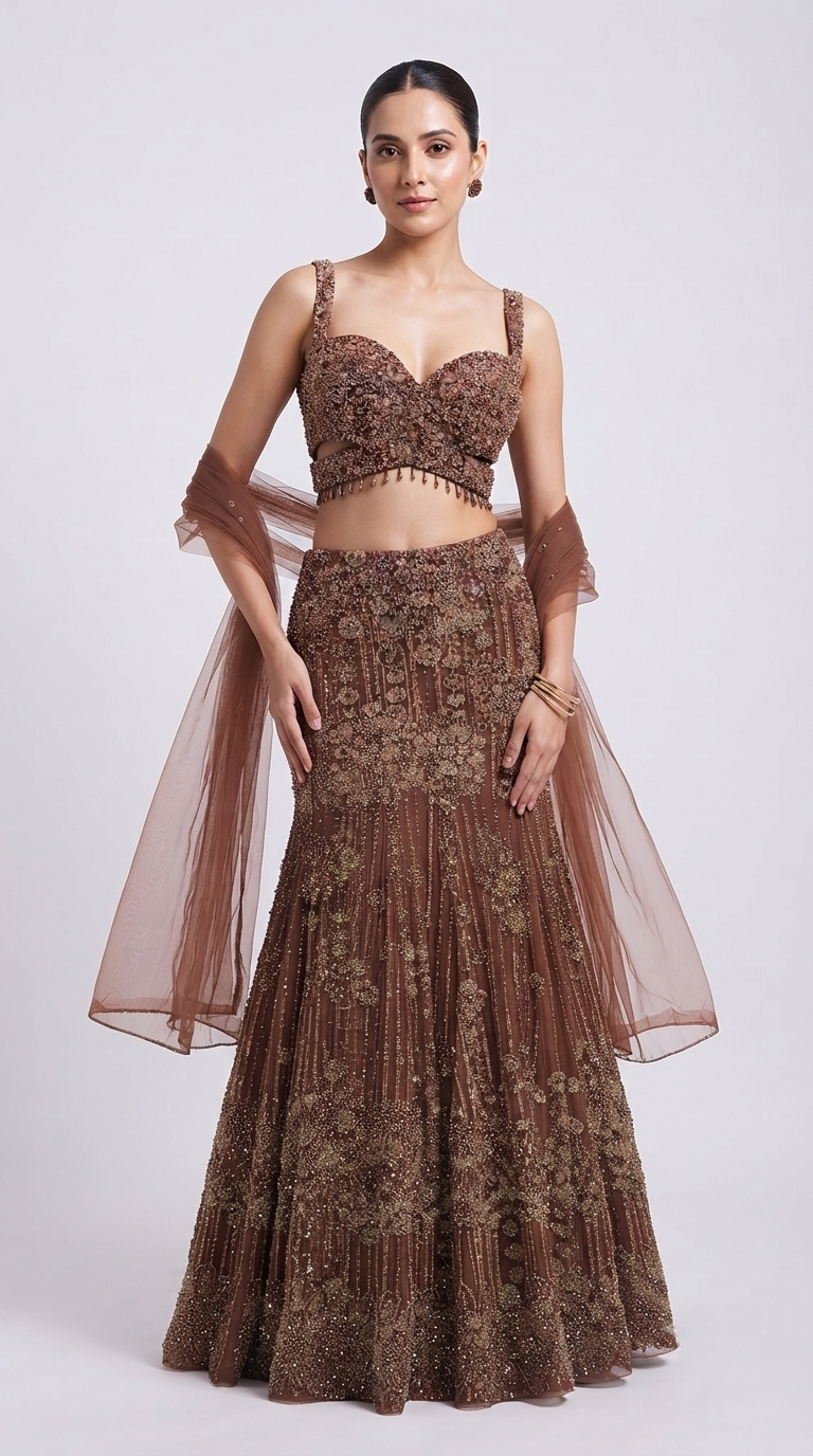 Brown designer fish cut lehenga with embroidered blouse and matching dupatta