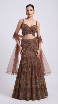 Brown designer fish cut lehenga with embroidered blouse and matching dupatta