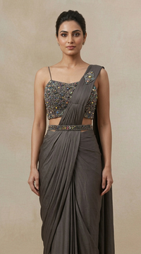 Grey silk pre-draped saree set with gems embellished blouse