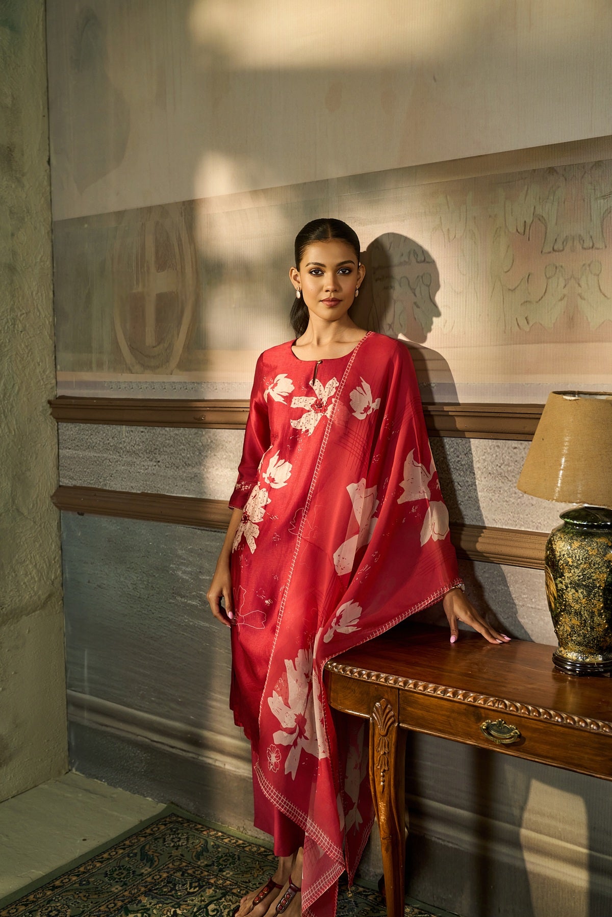 RED BEADS EMBROIDERED SILK KURTA SET