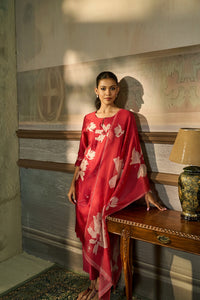 RED BEADS EMBROIDERED SILK KURTA SET