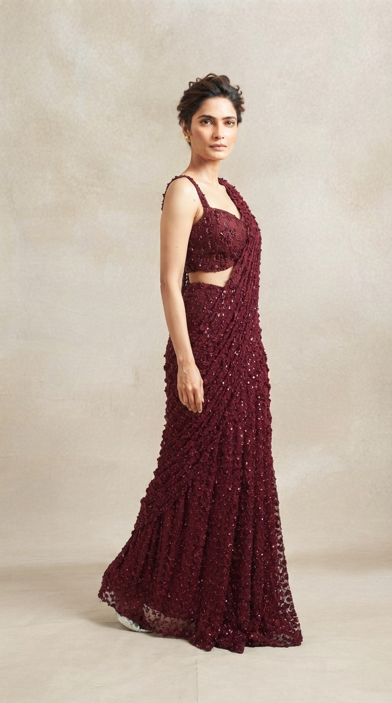 Front view of red sequin embroidered pre-draped saree with blouse