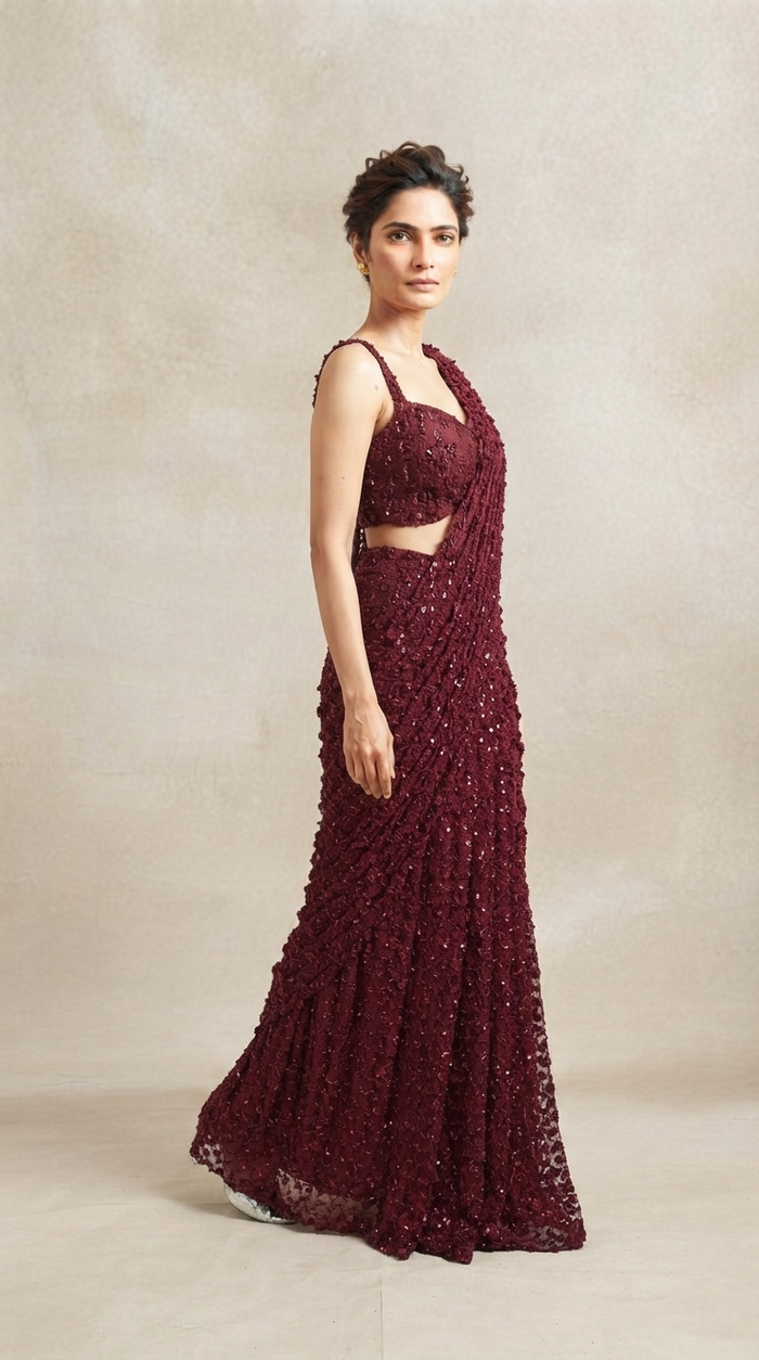 Front view of red sequin embroidered pre-draped saree with blouse