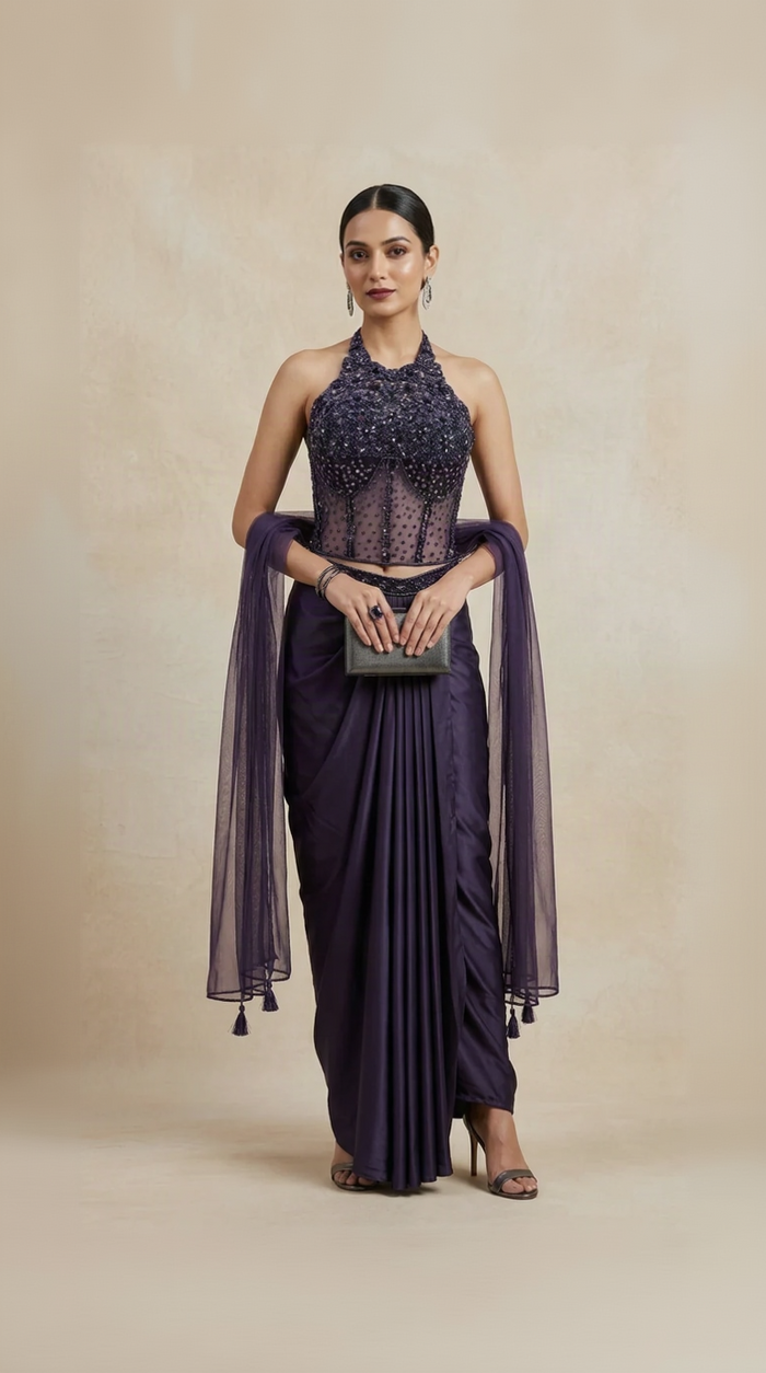 Wine intricately embroidered corset set with pleated skirt and dupatta for sangeet and reception party wear