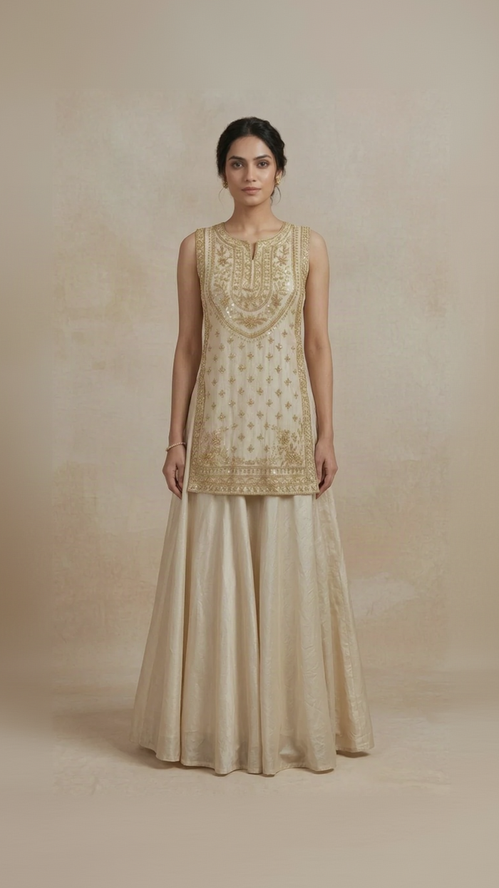 IVORY TISSUE SILK EMBROIDERED DESIGNER LEHENGA SET
