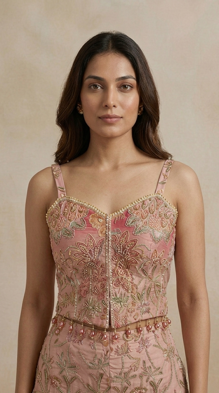 Pink designer corset sharara set with sequins, cutdana and bead embroidery