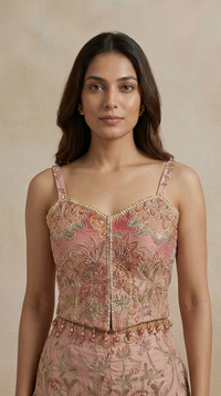 Pink designer corset sharara set with sequins, cutdana and bead embroidery
