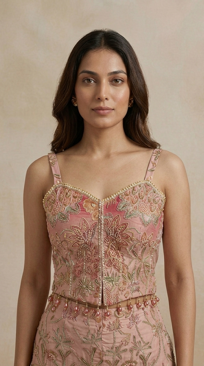 Pink designer corset sharara set with sequins, cutdana and bead embroidery