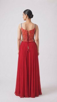 RED EMBROIDERED GEORGETTE INDOWESTERN SET