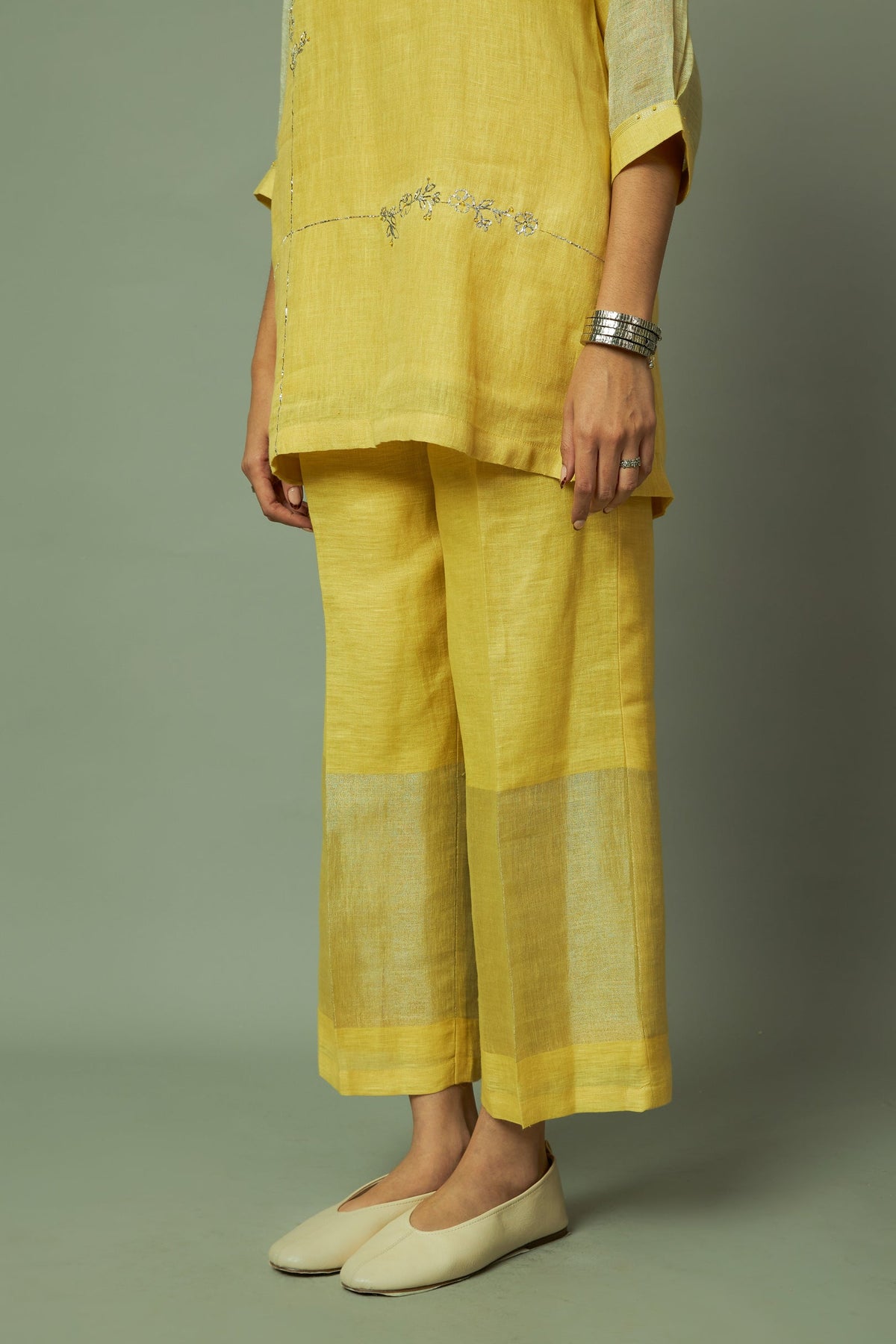YELLOW PITA WORK ZARI LINEN CO-ORD SET