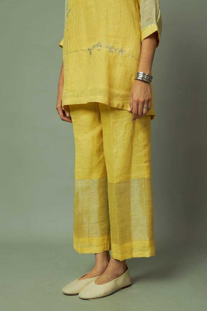 YELLOW PITA WORK ZARI LINEN CO-ORD SET