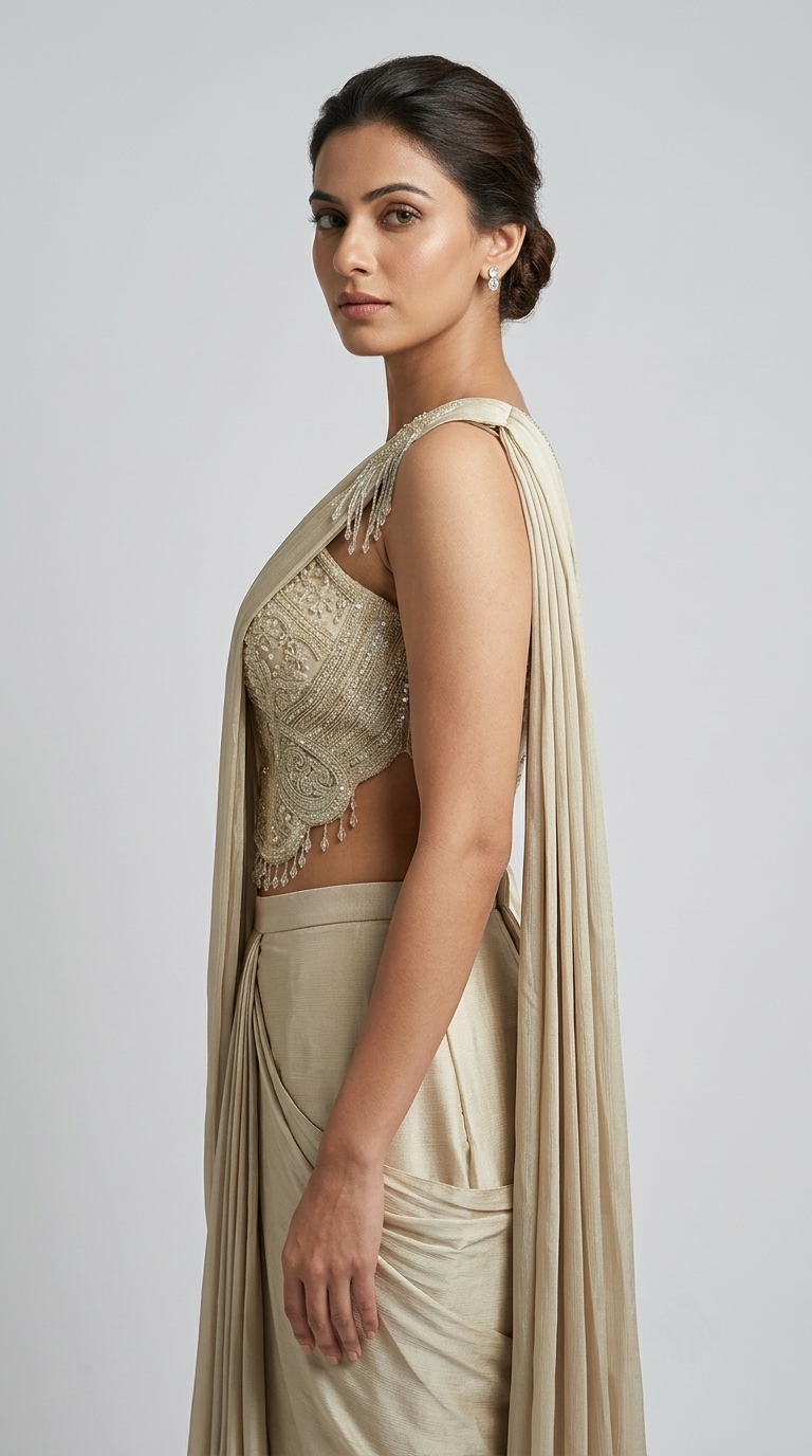 Fawn pastel corset saree with pre-pleated drape and embellishments for cocktail parties and evening events
