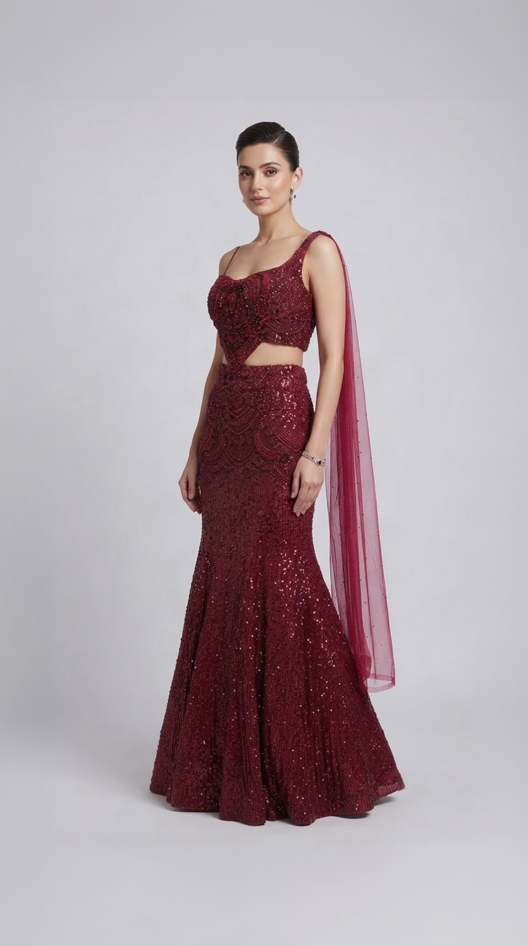 Maroon sequins embroidered fish cut lehenga set with attached dupatta