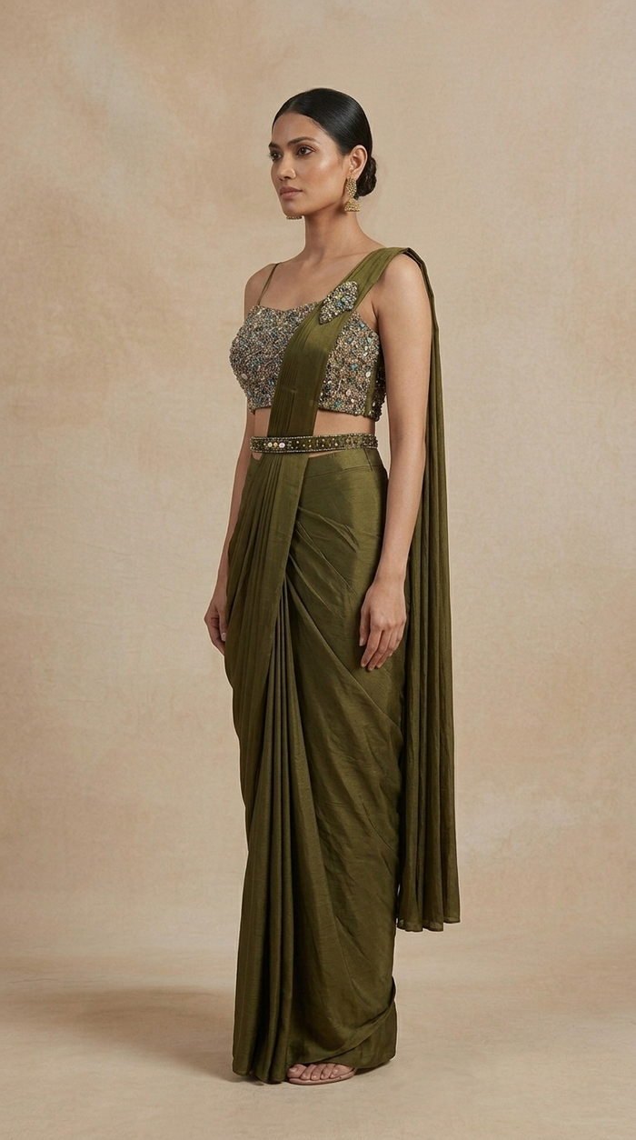 Mehendi green embellished ready to wear saree with sequin, bead and gem detailing