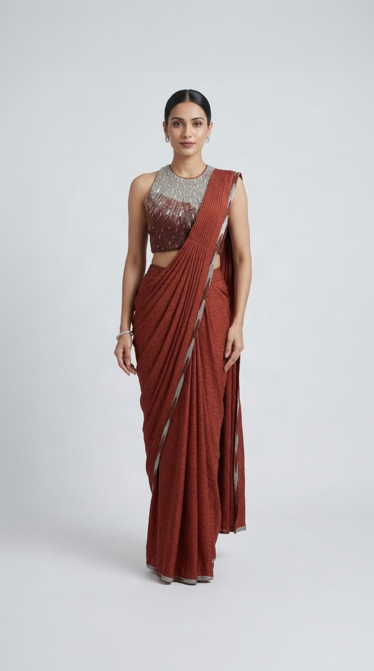 Rust intricately embroidered blouse with pre-draped saree set for wedding and reception