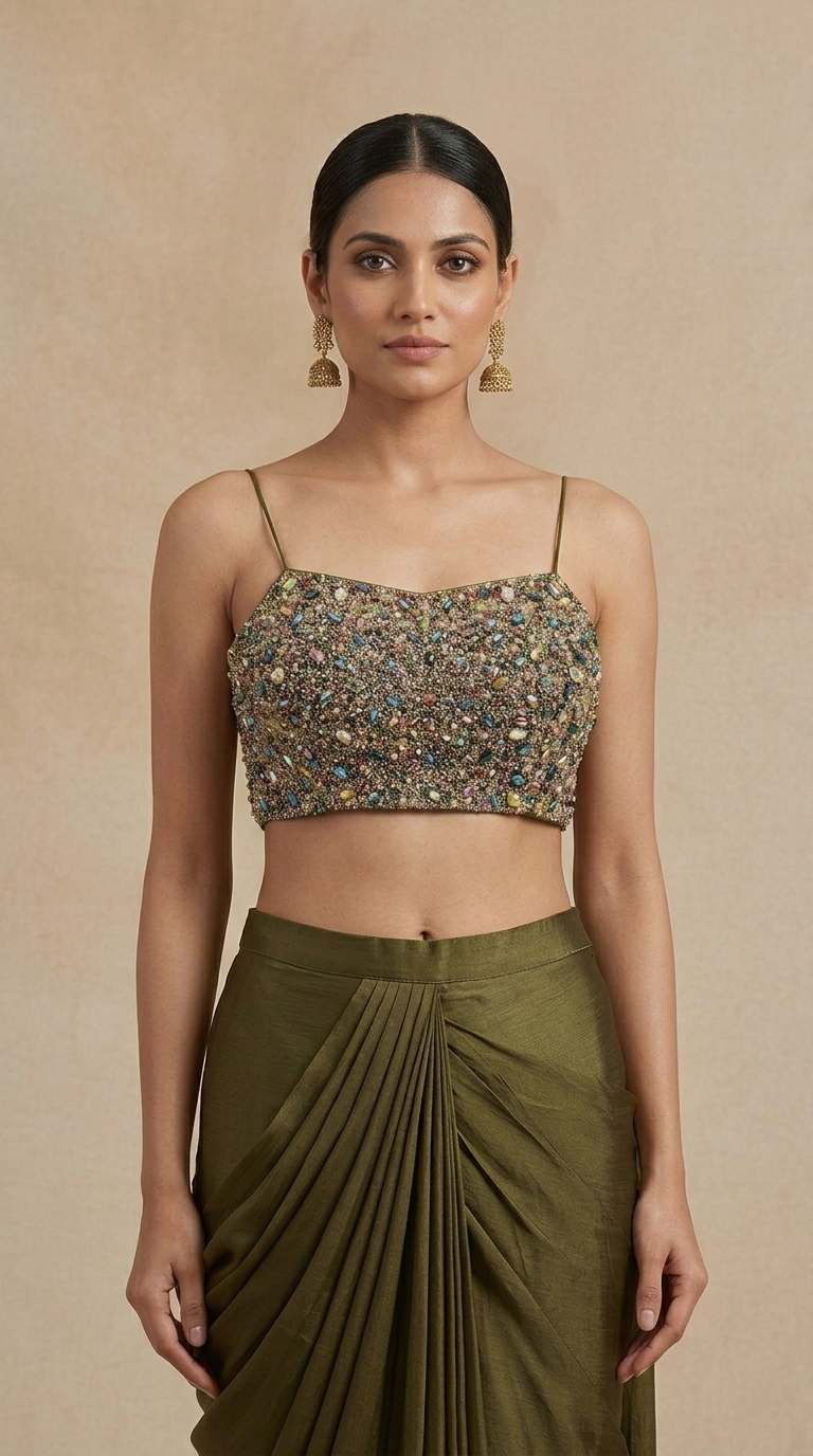 Mehendi green ready to wear saree set with intricate gem and sequin embellishments