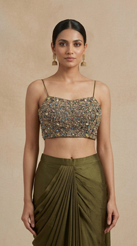 Mehendi green ready to wear saree set with intricate gem and sequin embellishments
