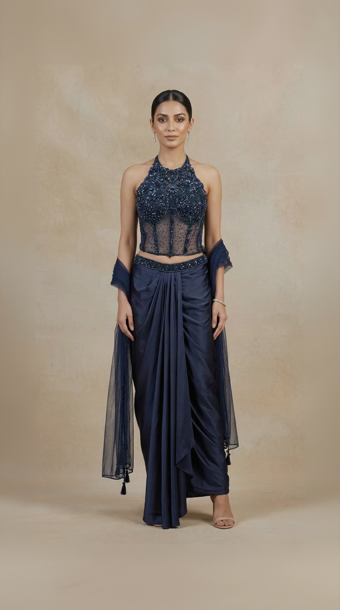 Blue intricately embroidered corset set with pleated skirt and dupatta for sangeet and engagement party wear.