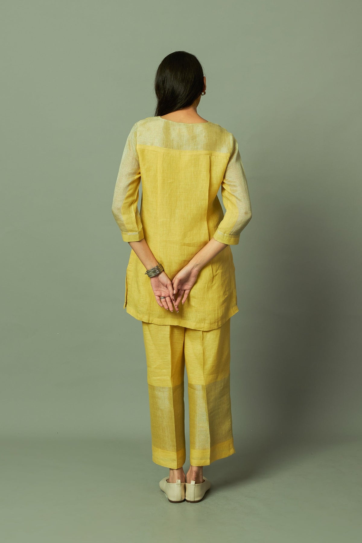 YELLOW PITA WORK ZARI LINEN CO-ORD SET