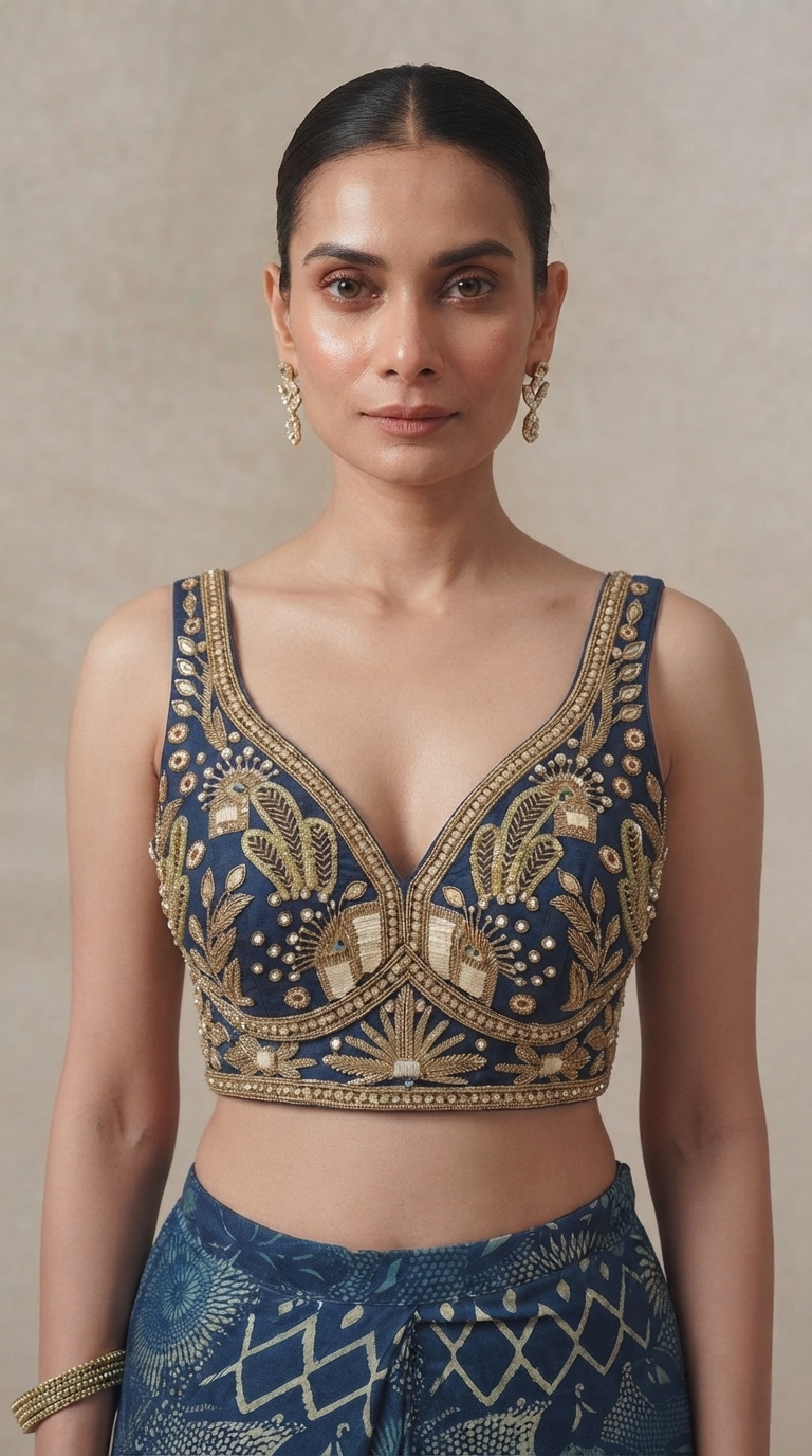 Blue printed pre-draped saree with cutdana, sequins and beadwork