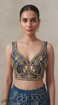 Blue printed pre-draped saree with cutdana, sequins and beadwork