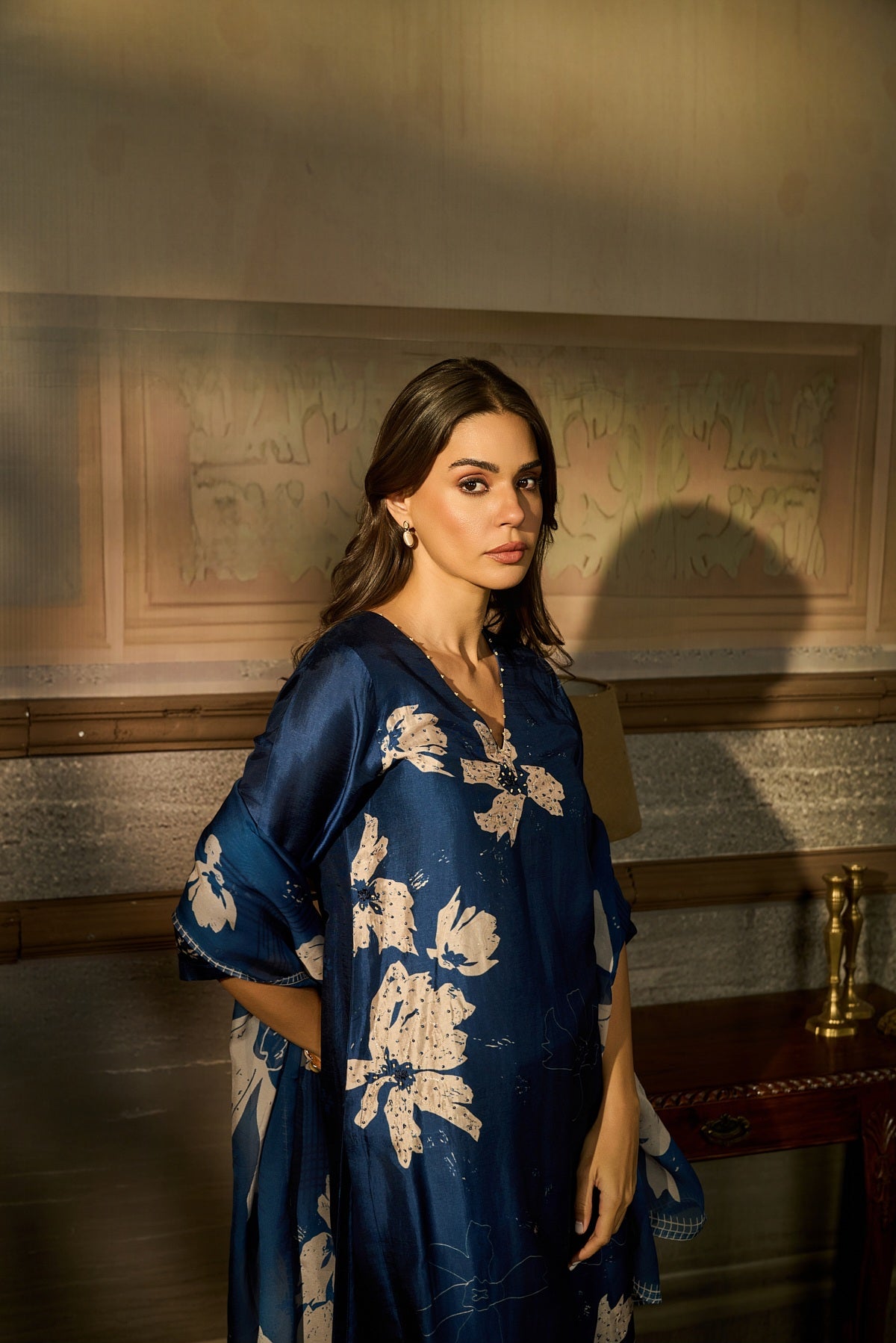 BLUE BEADS EMBROIDERED SILK KURTA SET