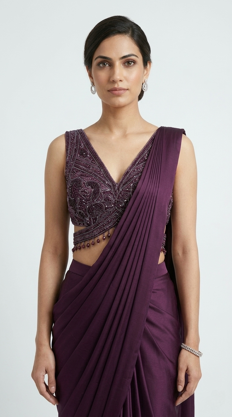 WINE EMBROIDERED READYMADE SAREE