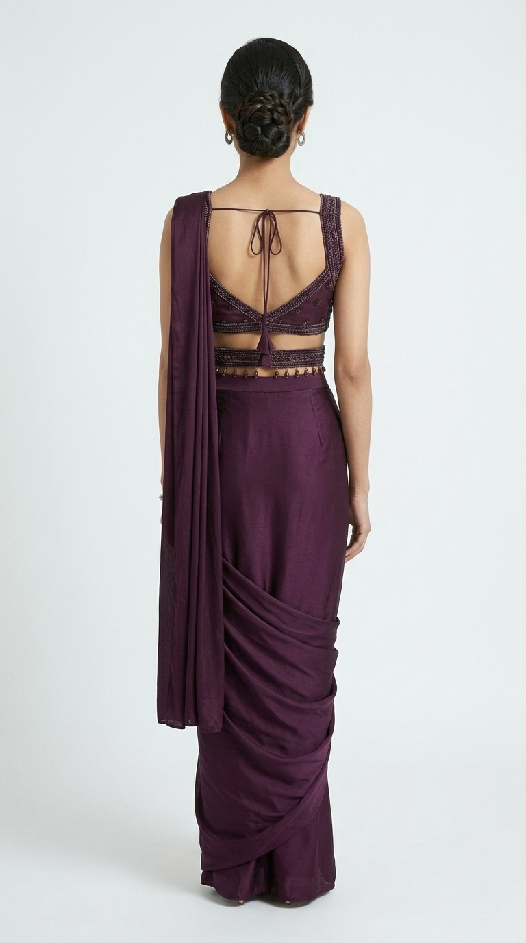 WINE EMBROIDERED READYMADE SAREE
