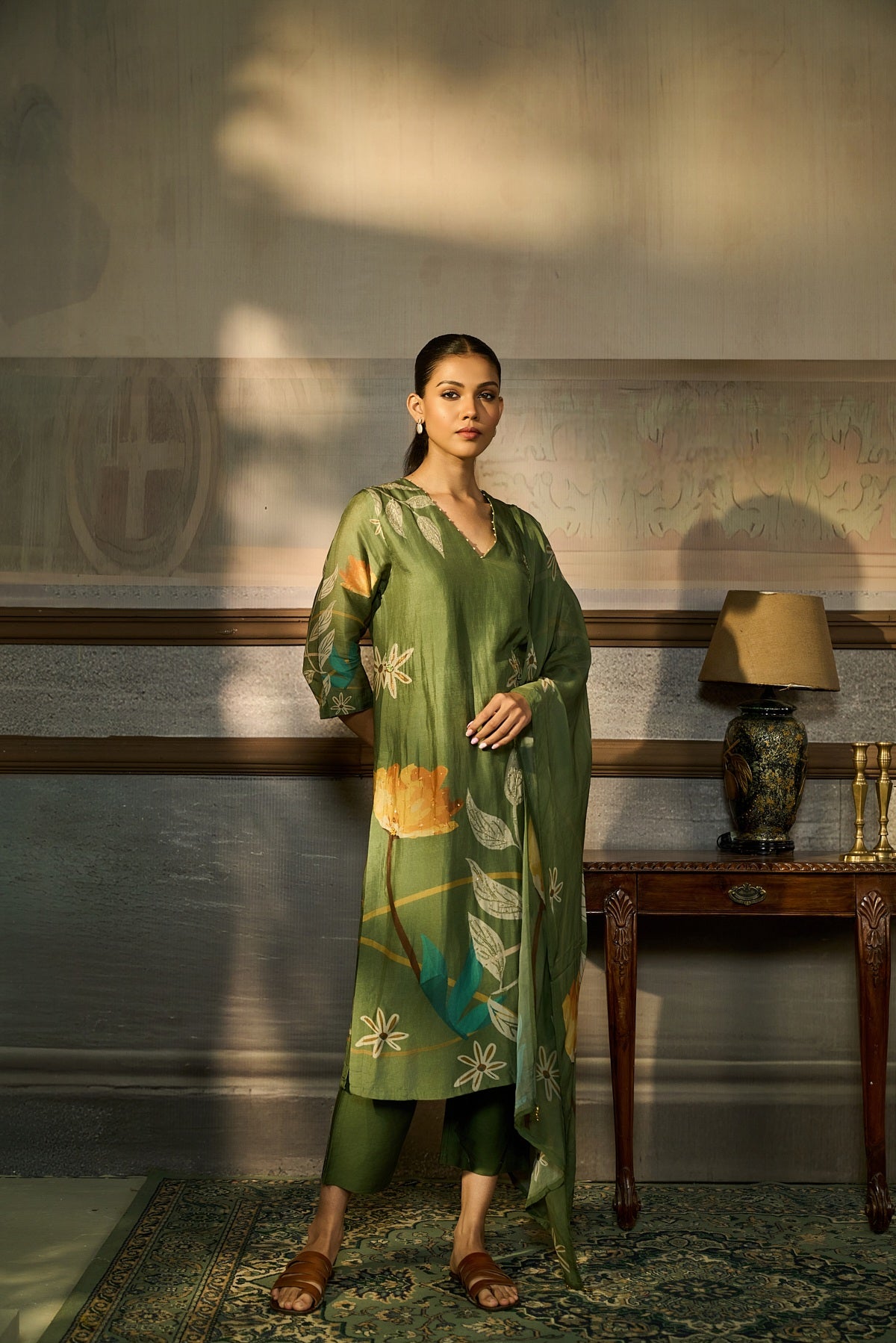 GREEN SEQUINS EMBROIDERED PRINTED SILK KURTA SET