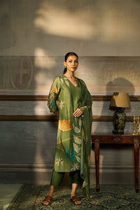 GREEN SEQUINS EMBROIDERED PRINTED SILK KURTA SET