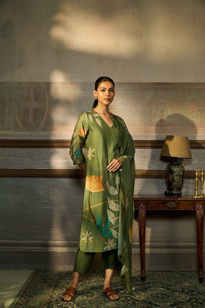 GREEN SEQUINS EMBROIDERED PRINTED SILK KURTA SET