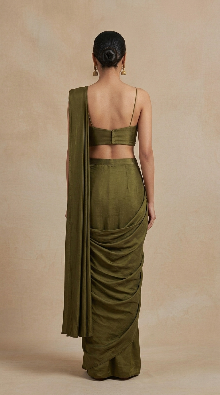 Mehendi green pre-draped saree and blouse set for weddings and festive occasions